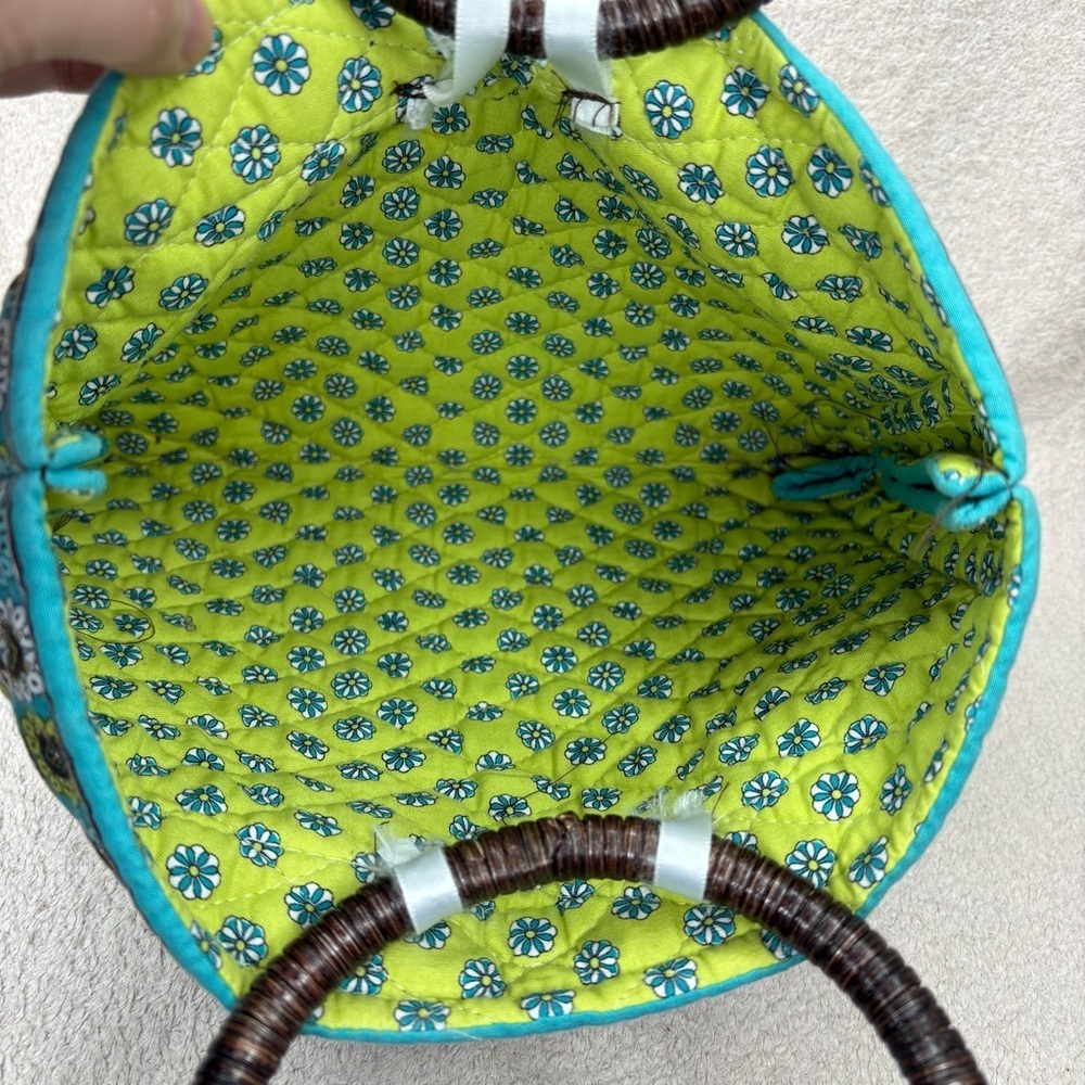 Vera Bradley Quilted Purse Wrapped Wooden Handle Green/Blue/Brown Resort Casual - Picture 7 of 13